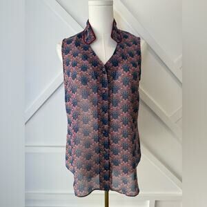Cabi Sleeveless Button Front Fan Print Sheer Top Burgundy Size Small #3620